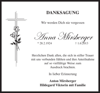 Traueranzeige von Anna Mirsberger von Pegnitz-Zeitung